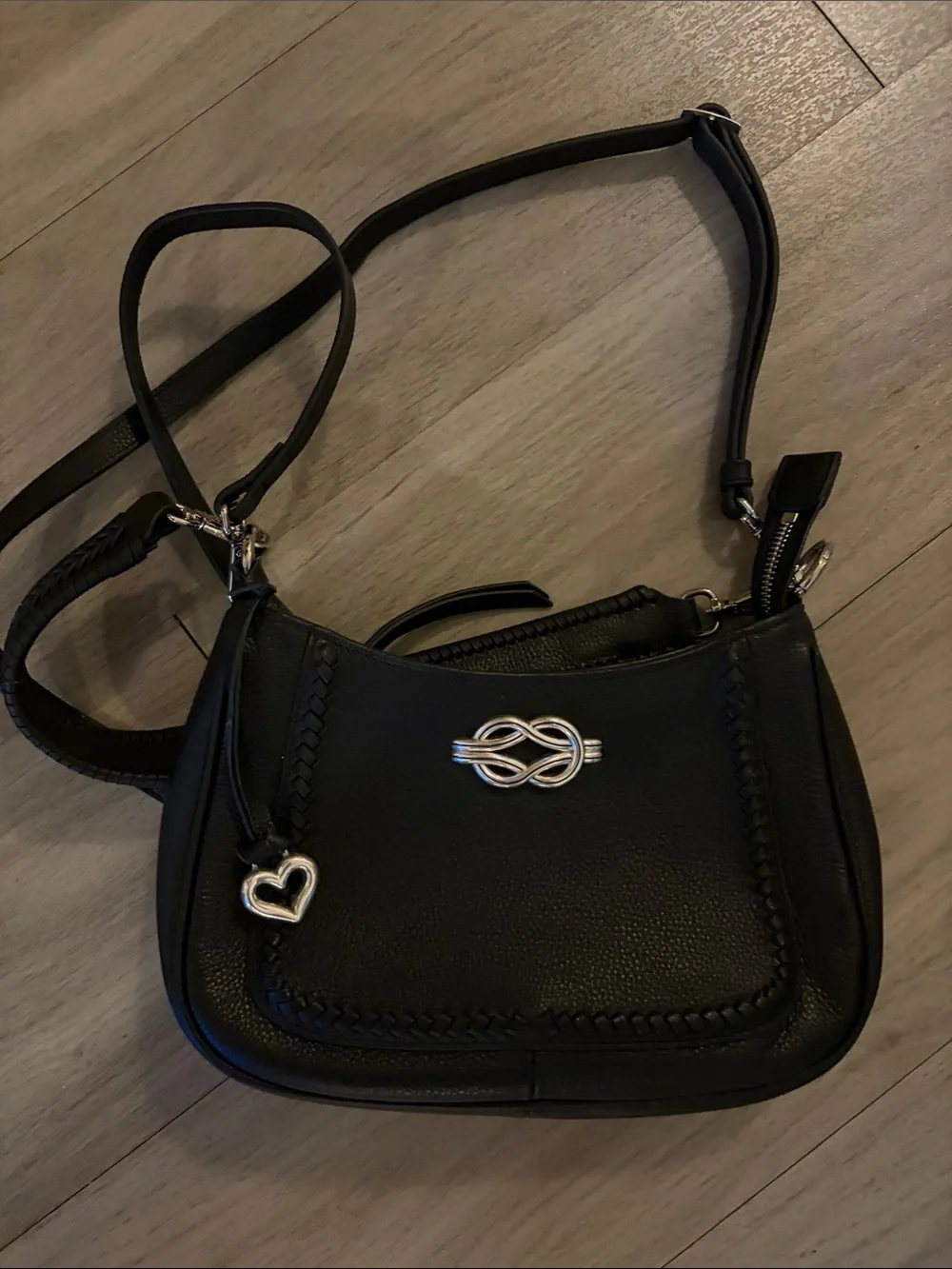 Brighton Black Leather Crossbody with Silver Knot & Heart Charm- Fletcher